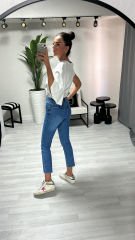 Yüksek bel mavi jean