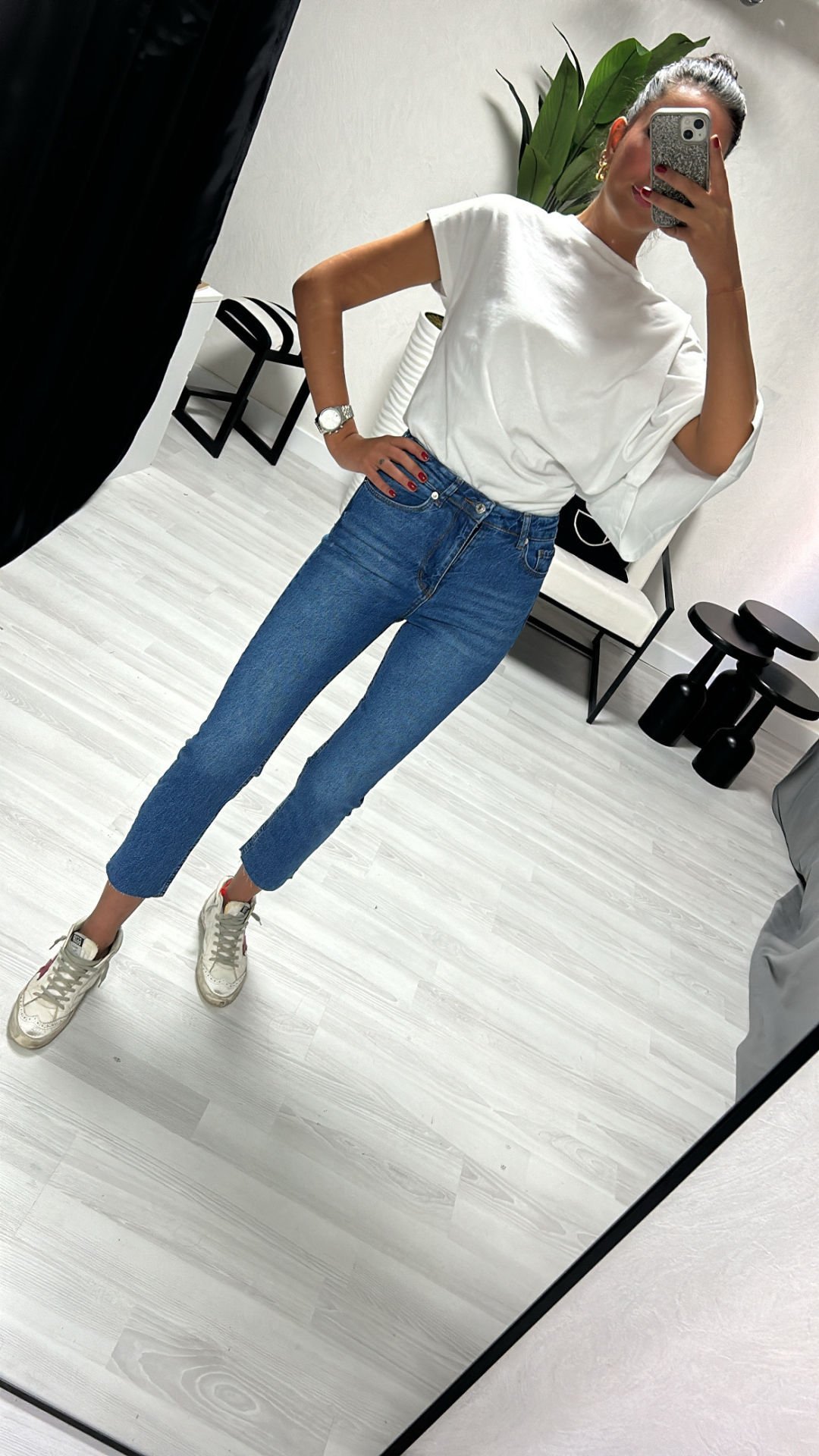 Yüksek bel mavi jean