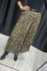 Kendinden kırışık leopar desenli etek