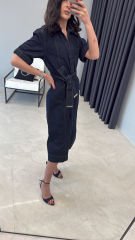 V yaka denim elbise