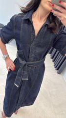 V yaka denim elbise